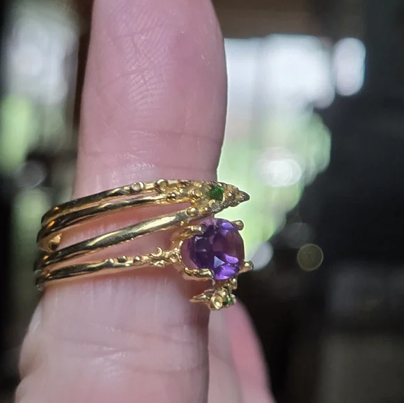 Amethyst cushion cut 5k & chrome diopside sterling & gold ring sz6.5 - Picture 4 of 8